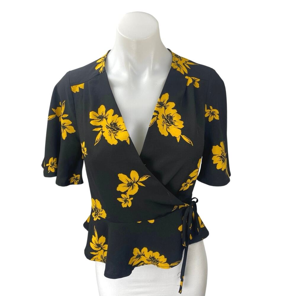 Miss Selfridge Black Yellow Floral Short Sleeve Wrap Peplum Blouse Top Size 2